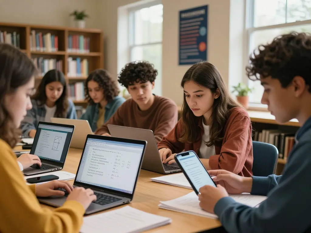 Studierende nutzen technische Lösungen, um in einer kollaborativen Bibliotheksumgebung Hausaufgaben zu lösen.