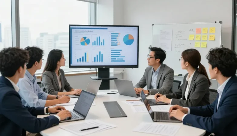 Strategische Diskussion über schwierige Führungskräfte in einem modernen Büro.